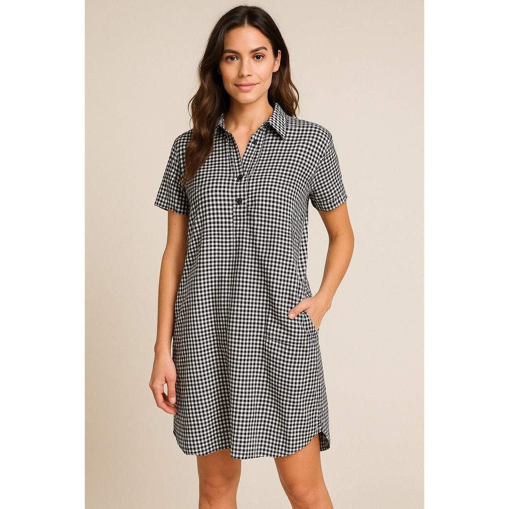 TOAD&CO Womens Black White Gingham Check Shirt Dress Button Up Casual XS